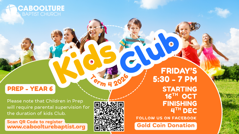 Term 4 flyer for Kids Club at Caboolture Baptist Church